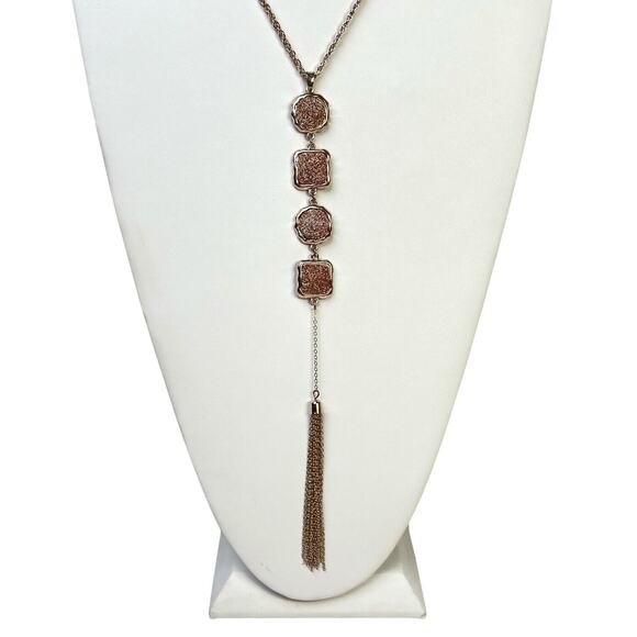Necklace And Earrings Set Long Rose Gold Glitter Drop Pendant Tassel C 1946 - Picture 4 of 16
